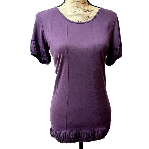 BURBERRY LONDON WOMEN'S 100% COTTON LONG PURPLE T-SHIRT W/RUCHED SLEEVES SZ S-M - Picture 1 of 15